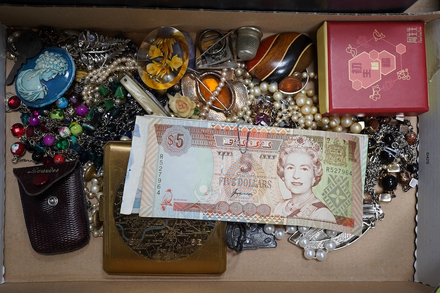 A quantity of assorted jewellery including costume and other items including bank notes, shell counters, etc. Condition - poor to fair to good